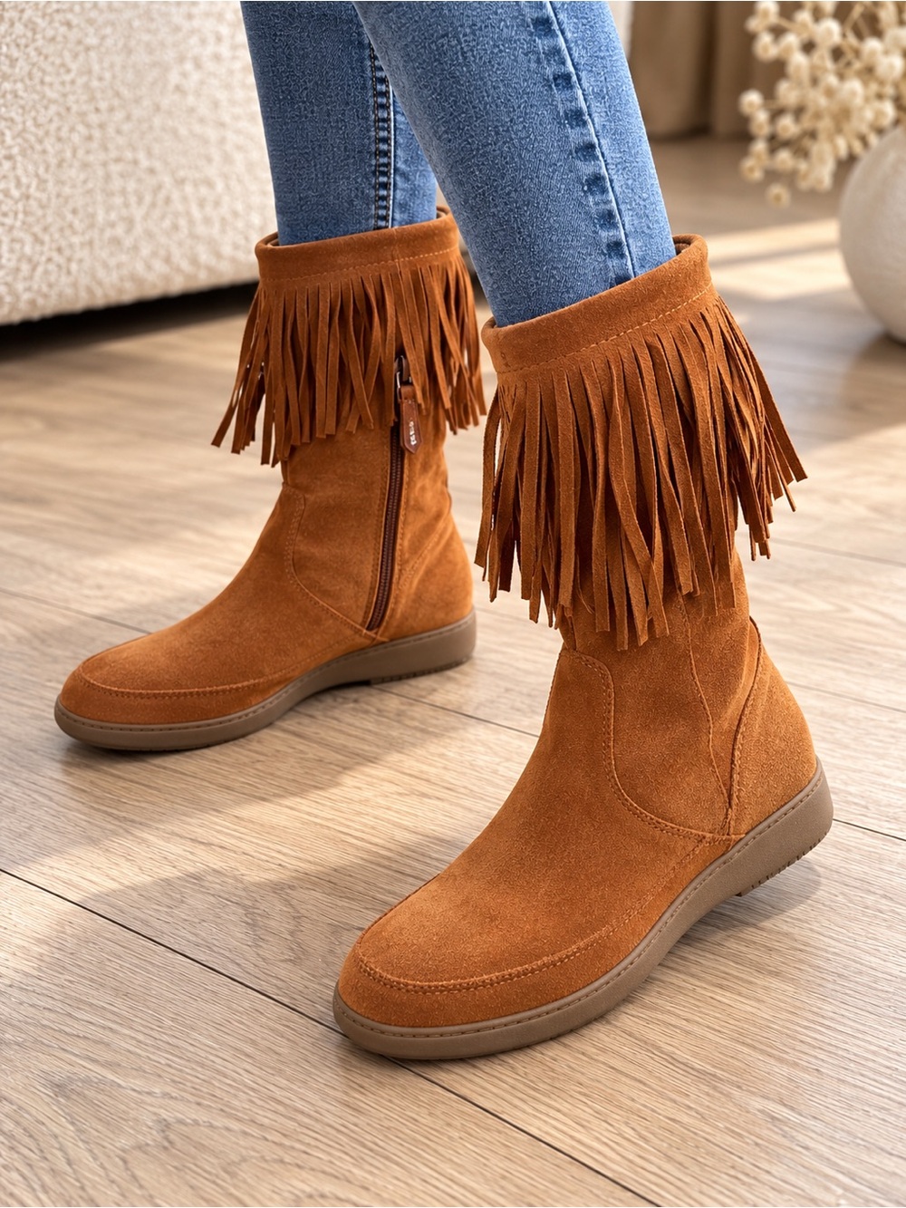 NWT Skechers SKCH+3 48091 Genuine Suede Fringe Hidden Wedge Boots Size 8